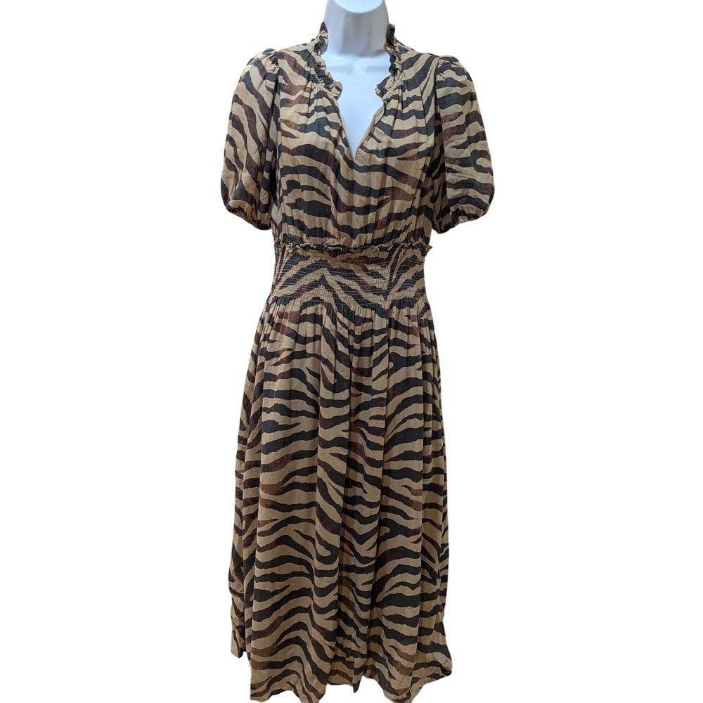 J.Crew Zebra Animal Print Smocked Waist Midi Dress Brown/Tan XS‎ Puff Sleeve